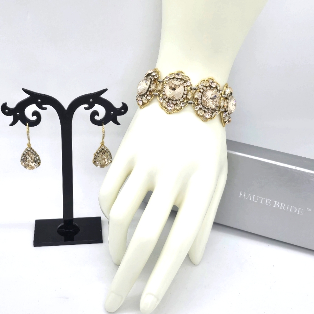 Haute Bride Bracelet and Earrings SET. Gold-tone and Champagne Austria Crystals
